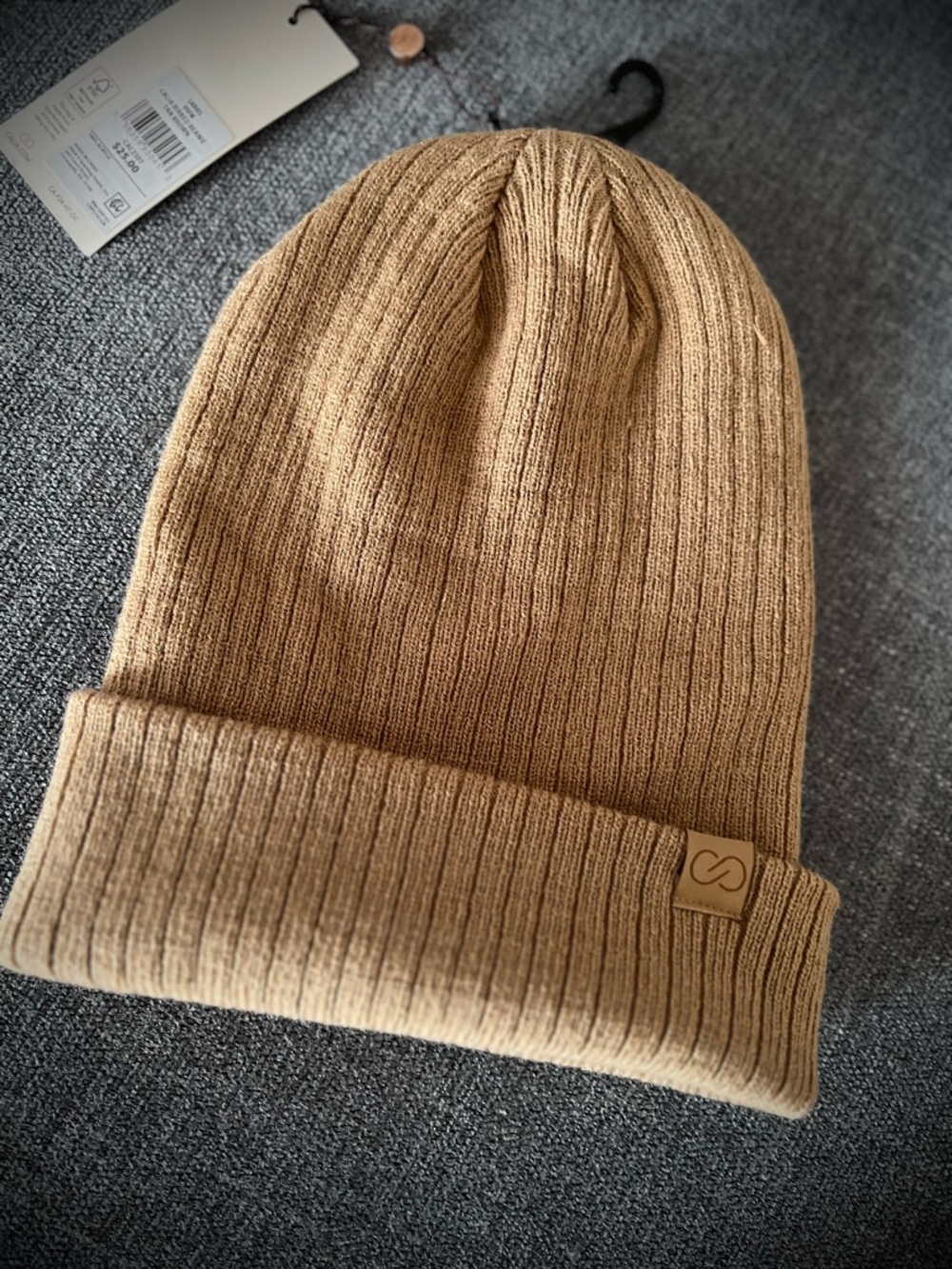 Ribbed Knit Beanie with Logo Patch - Camel